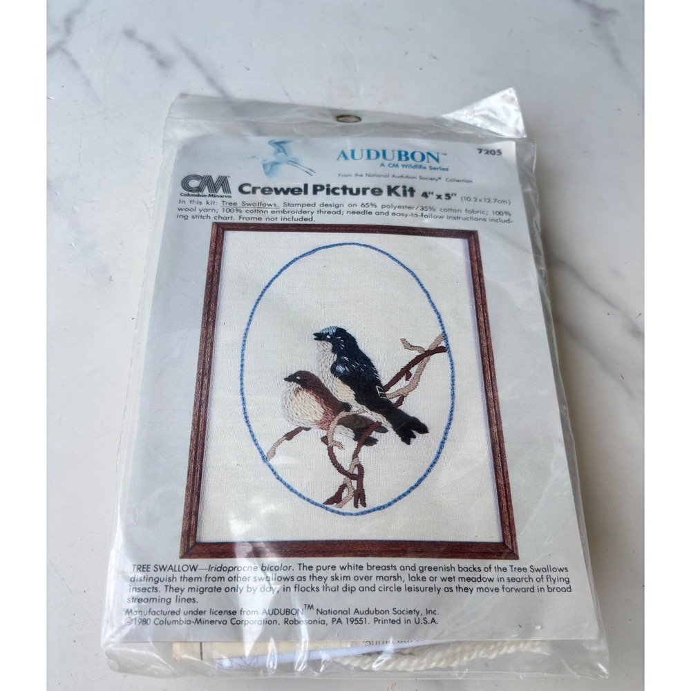 Vintage 1980 Audubon Tree Swallows Crewel Picture Kit Columbia-Minerva 7205 4x5